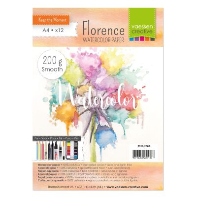 Florence Watercolor Paper,  A4, 200g, 12 Blatt, smooth, Farbe: soft white